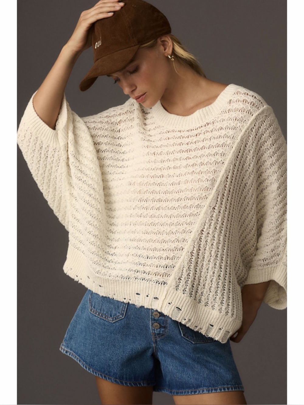 Pilcro Anthropologie Distressed Asymmetric Open Stitch Sweater M Ivory